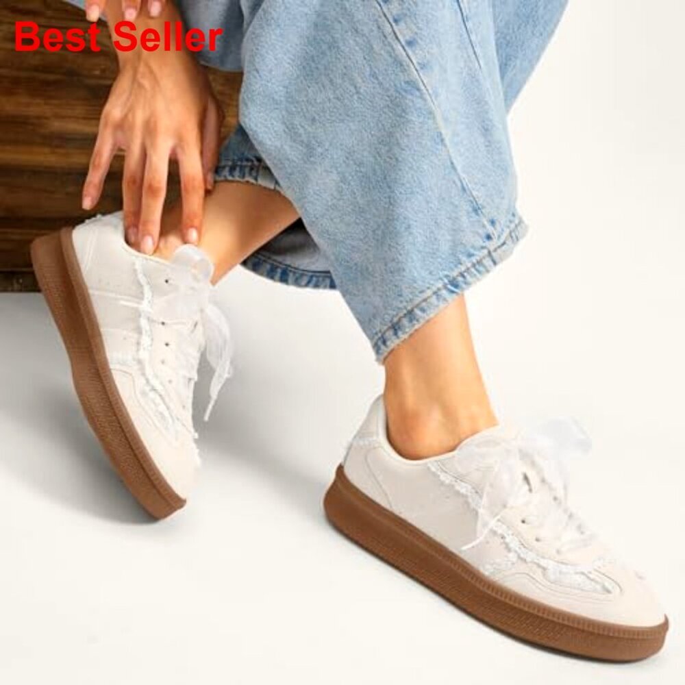 Lace Detail Fashion Sneakers with Retro Gum Sole, Faux Leather Upper - Picture 2 of 7